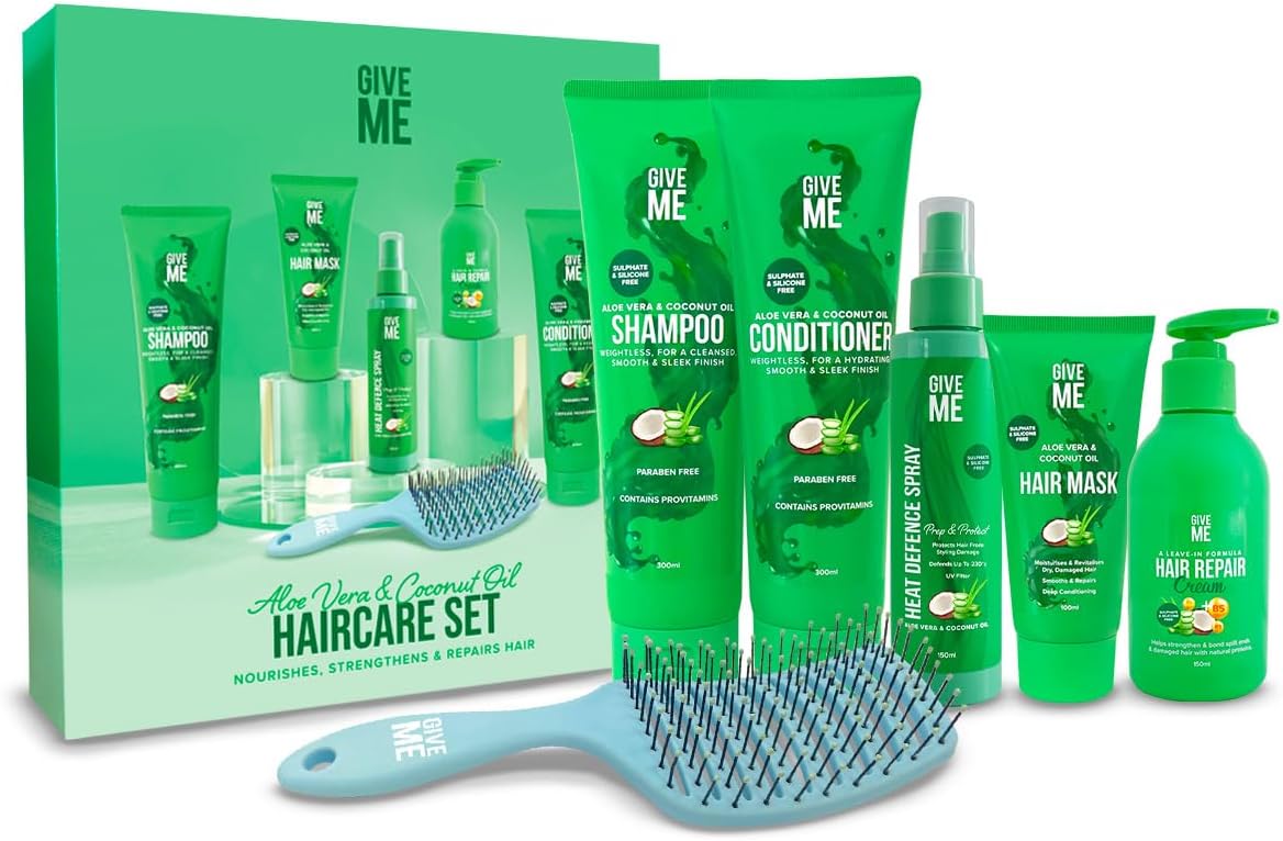 Give Me Cosmetics Hair Care Gift Set, Aloe Vera Coconut Oil, Sulphate Free Shampoo and Conditioner, Mask, Heat Defence Spray, Serum, Vent Brush for Teenage Girls Women
