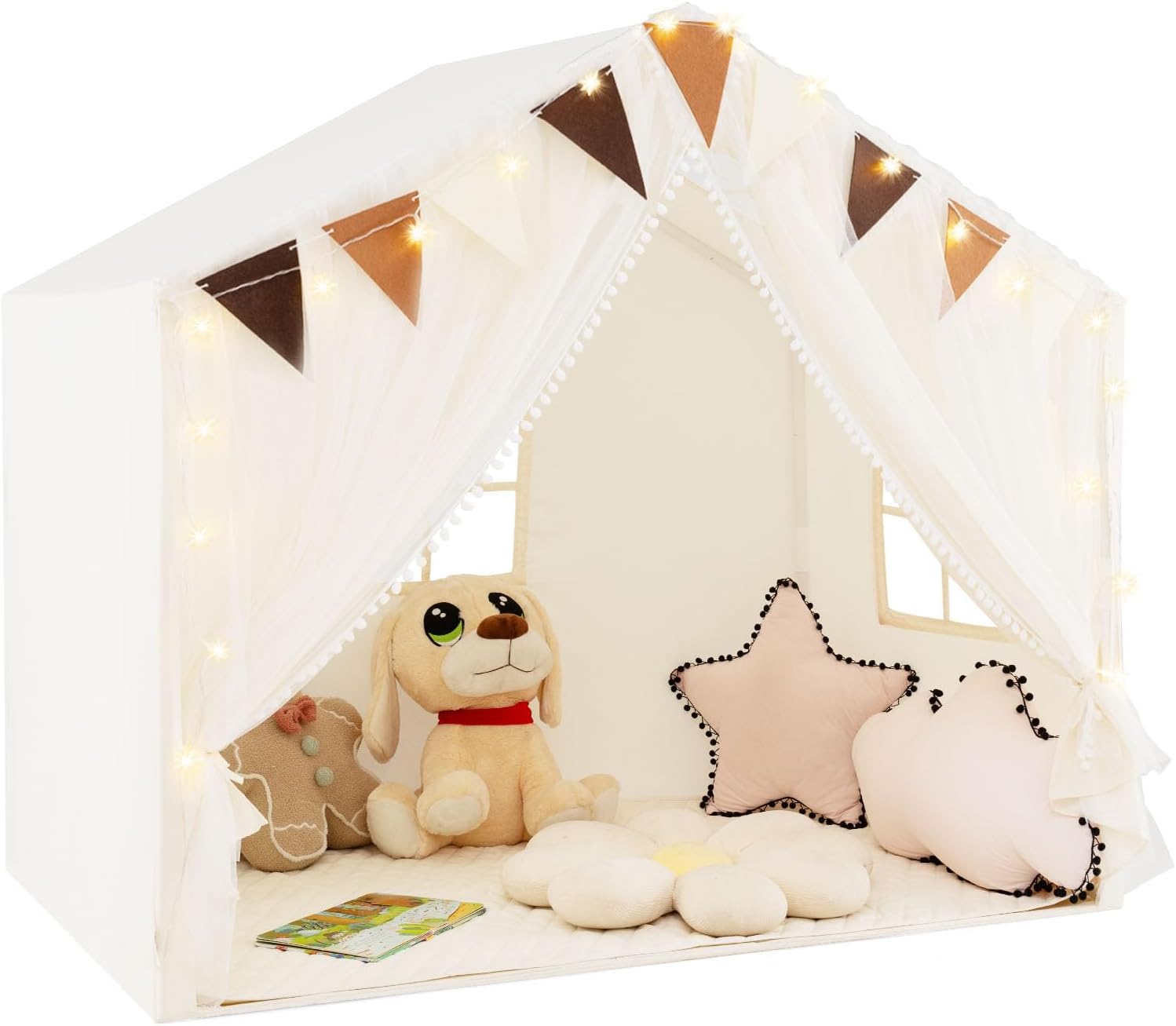 GYMAX Kids Play Tent, Indoor Large Play House with Padded Mat, Door Curtains, Windows, Star Lights & Flags, Toddler Fairy Castle Tent for Girls Boys Gift (Beige)