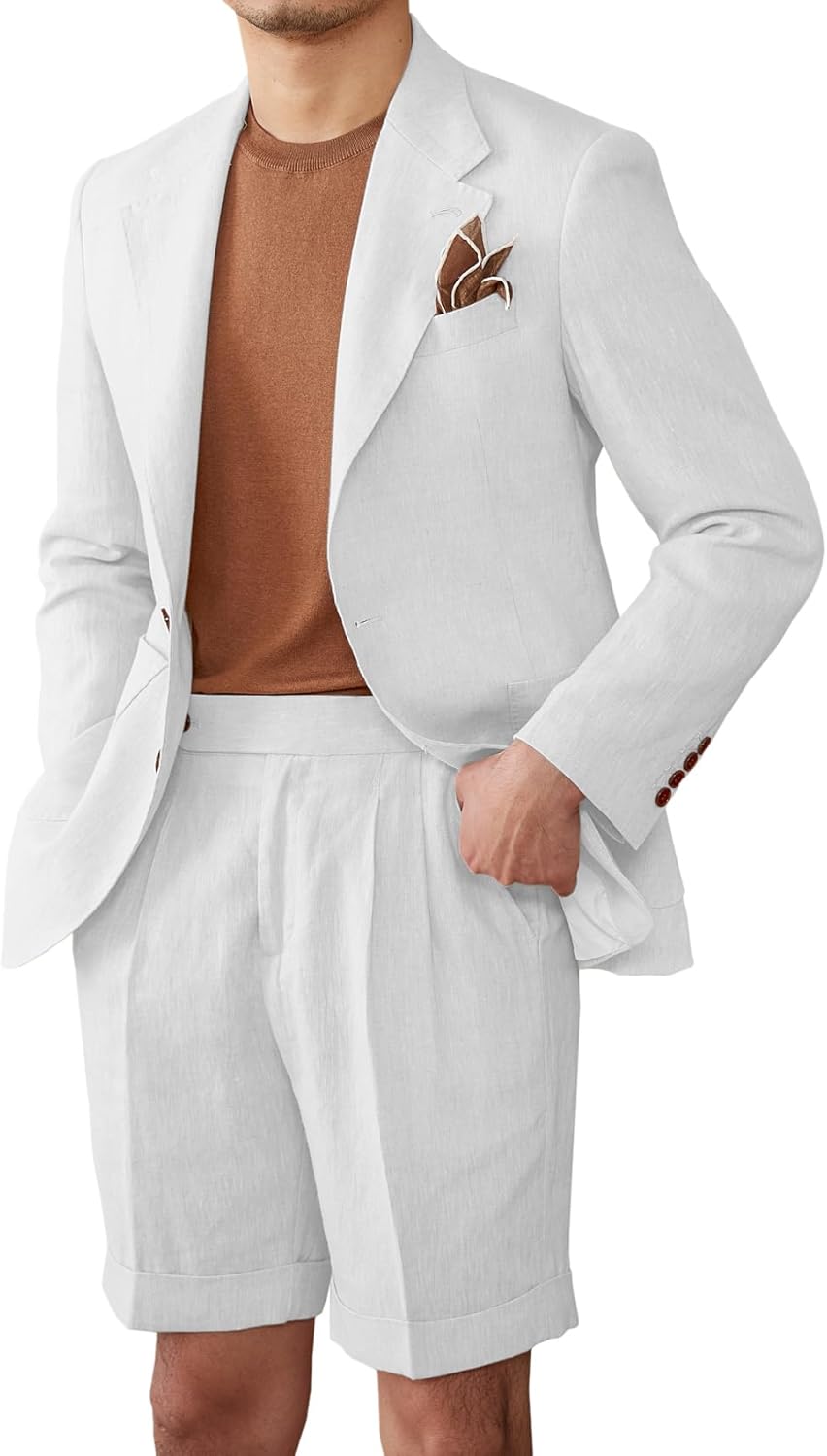 2 Piece Linen Suits for Men Casual Tuxedo Summer Beach Wedding Suit Groomsmen Prom Blazer Jacket Shorts Set