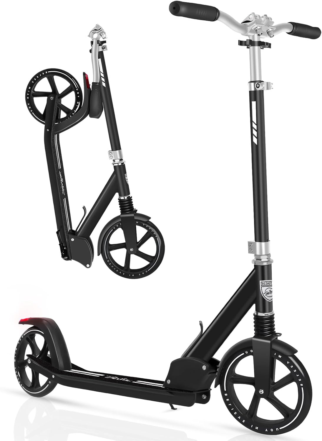 BELEEV 2 Wheel Scooters for Kids Ages 14+, 200mm Big Wheels Scooter for Adults Teens, 4 Adjustable Handlebar, Light-Up Wheels, Folding Scooter with Carry Strap, up to 100Kg