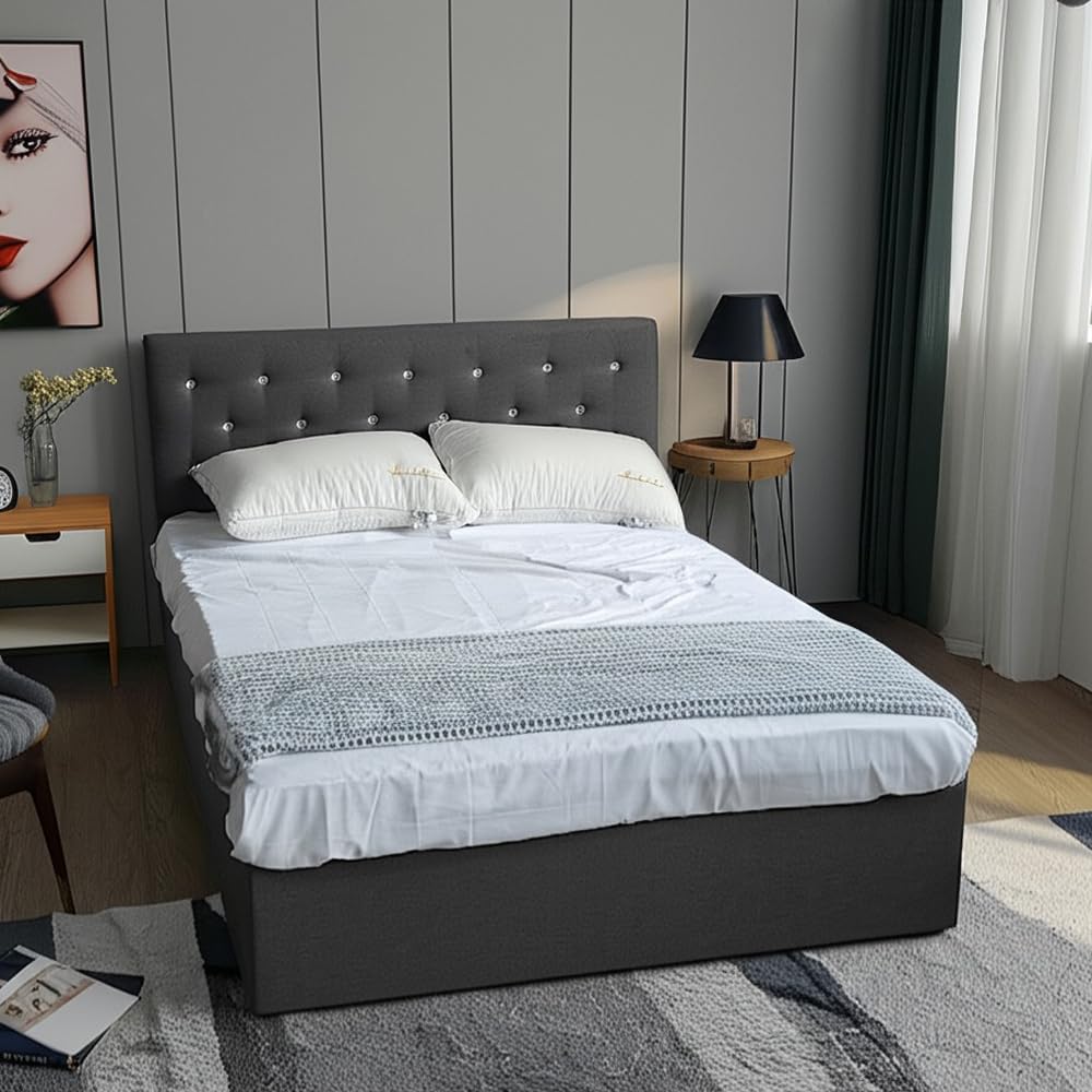 Panana Upholstered Ottoman Double (4ft6) Grey Linen Fabric Storage Bed, Gas Lift Up Bed Frame with Storage, End Opening Wooden Slats (Grey with Crystal Headboard, Double)