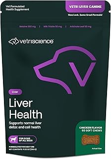 VetriScience Liver Health Chews with Milk Thistle, Vetri Liver Detox Supplement for Dogs, Turmeric and Artichoke Leaf for Liver Support and Detoxification, Chicken, 60 Count