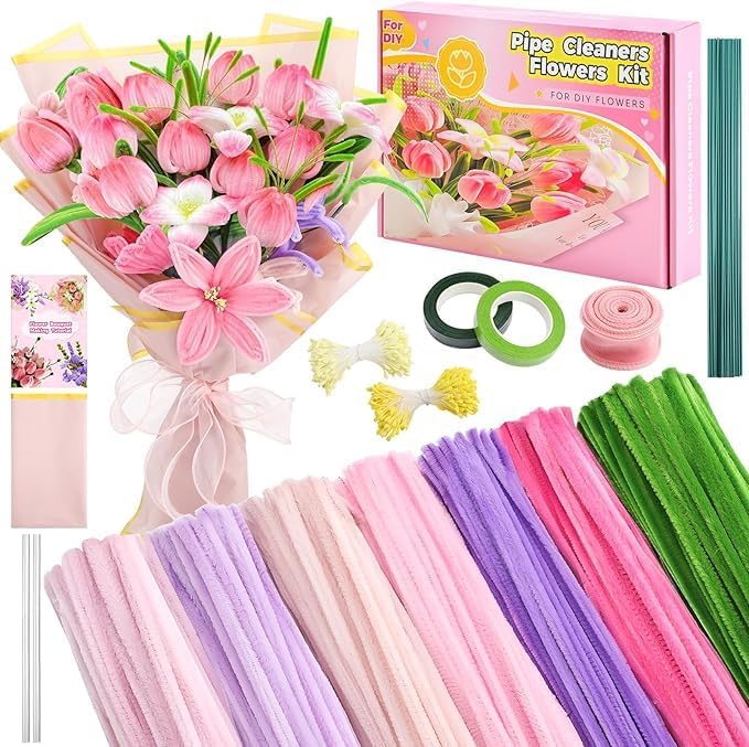 791 Pcs Pipe Cleaners Craft Flowers Kit,400 Pcs 7 Colors 8mm Fuzzy Pipe Cleaners Bulk (Tulips/ Lilies), Chenille Stems for DIY Flower Making Kit Crafts, Floral Stems & Tape, 360 Pcs Stamen & Ribbon