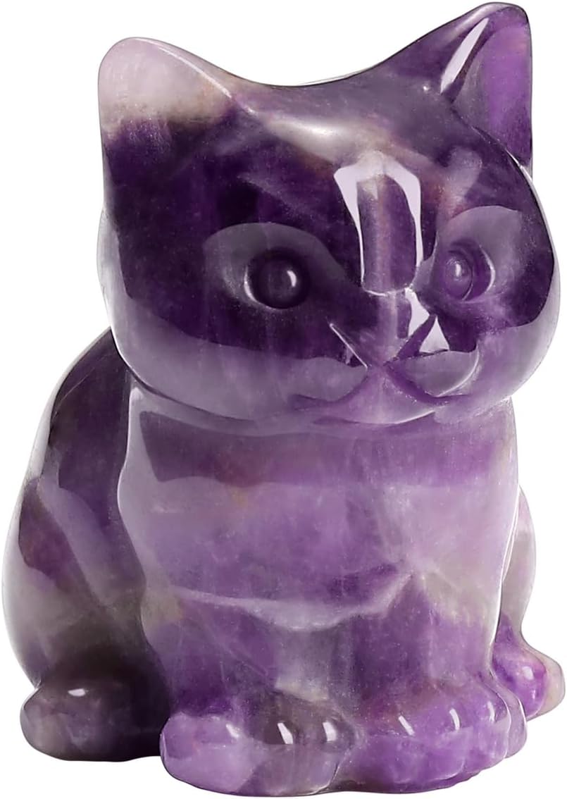 CrystalTears Amethyst Healing Crystal Cat Figurine - Carved Gemstone Cute Stone Cat Statue Ornament for Home Office Desk Decor, Mini Lucky Crystal Cats Gifts for Women Men Christmas, 1.5”