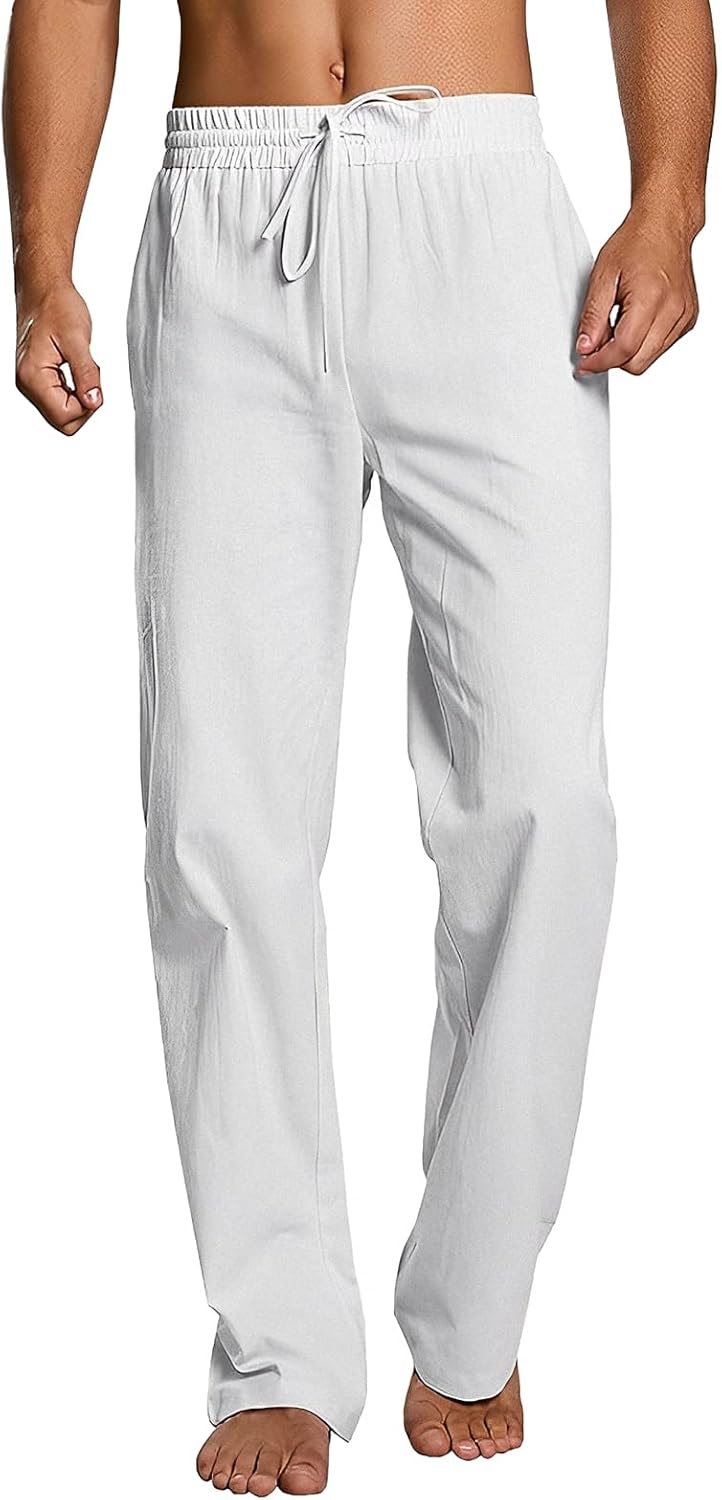 Sprifloral Men's Linen Trousers Casual Beach Trousers Lightweight Yoga Pants Elasticated Waist Straight Legs Drawstring Trousers