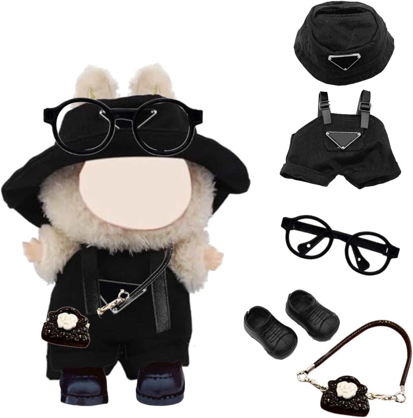 5 Pcs Doll Clothes for La-bu-bu 17cm Plush Dolls, Black Set with 1 Leggings 1 Fisherman's hat Handbag 1 Glasses 1 Shoes for Dolls Premium Outfit, Birthday Holiday Present for Girls Kids (No Doll)