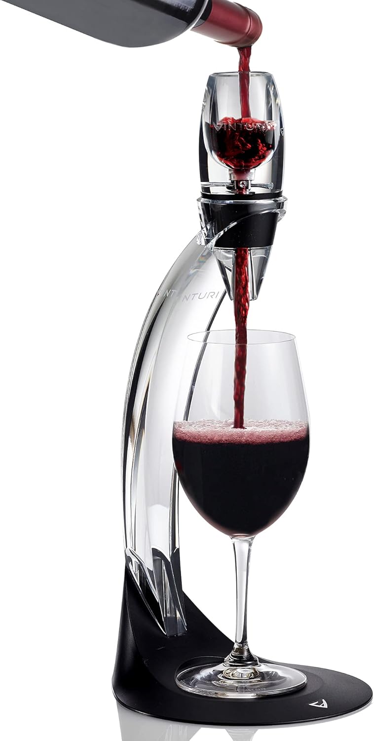 Vinturi Deluxe Essential Pourer and Decanter Tower Stand Easily and Conveniently Aerates Bottle or Glass and Enhances Flavors with Smoother Finish, Red Wine Set, Black