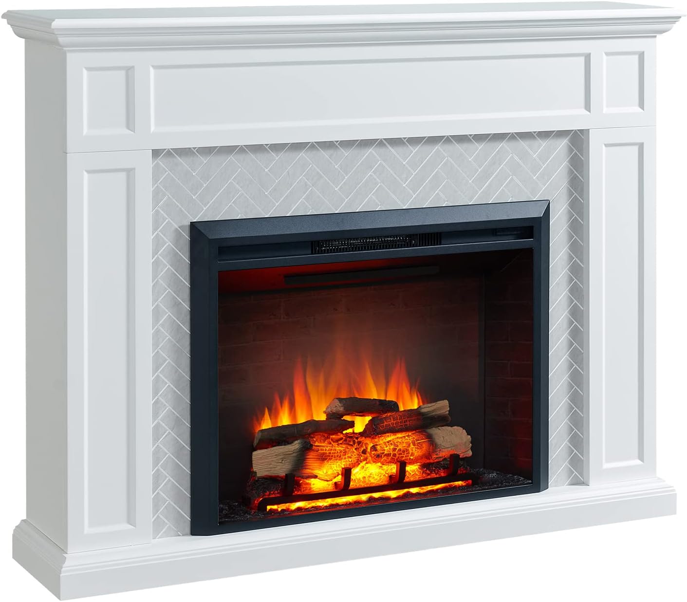 LegendFlame® Hailey Electric Fireplace with 61" Mantel Surround and Carl 35" Insert, Cream White with Light Grey Brick Finish