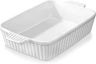 MALACASA 4.4 QT Baking Dish, 9x13 Large Casserole Dish for Oven, Ceramic Baking Pan, Rectangular Lasagna Pan Deep with Handles for Baking, Durable Microwave Oven Safe, White, Series BAKE-BAKE