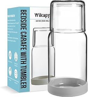 Wikapy Bedside Water Carafe and Glass Set, Night Bedside Carafe with Silicone Coaster, Water Carafe with Glass Cup for Nightstand Bedroom, Lead-free and Clear Mouthwash Dispenser for Bathroom, 18 OZ