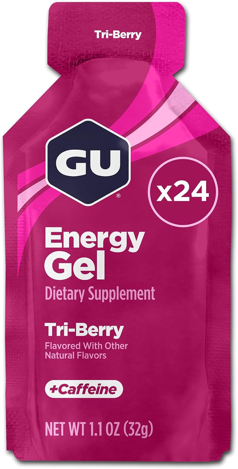 GU Original Energy Gels, Tri-Berry 24 Pack - 100 Calorie Energy Gel with Carbohydrates, Caffeine, BCAAs and Electrolytes - Pre-Workout Fuel for Running, Cycling, Triathlon and Endurance Sports
