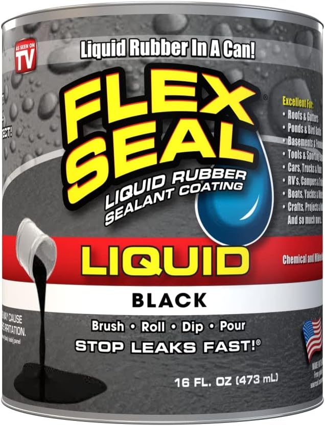 Flex Seal Liquid, 16 oz, Black, Liquid Rubber Coating Sealant, Waterproof, Flexible, Breathable, and UV Resistant, Roof Repair, Basements, RV, Campers, Trailers, Marine, EPDM, Masonry