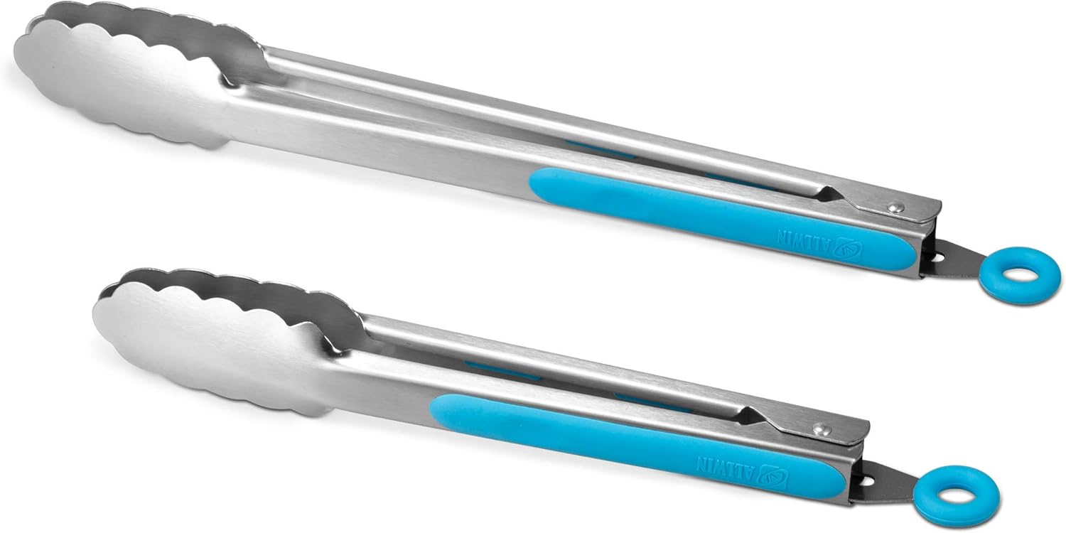 ALLWIN-HOUSEWARE W 304 Stainless Steel Kitchen Cooking Tongs, 9" and 12" Set of 2 Sturdy Grilling Barbeque Brushed Locking Food Tongs with Ergonomic Grip, Blue
