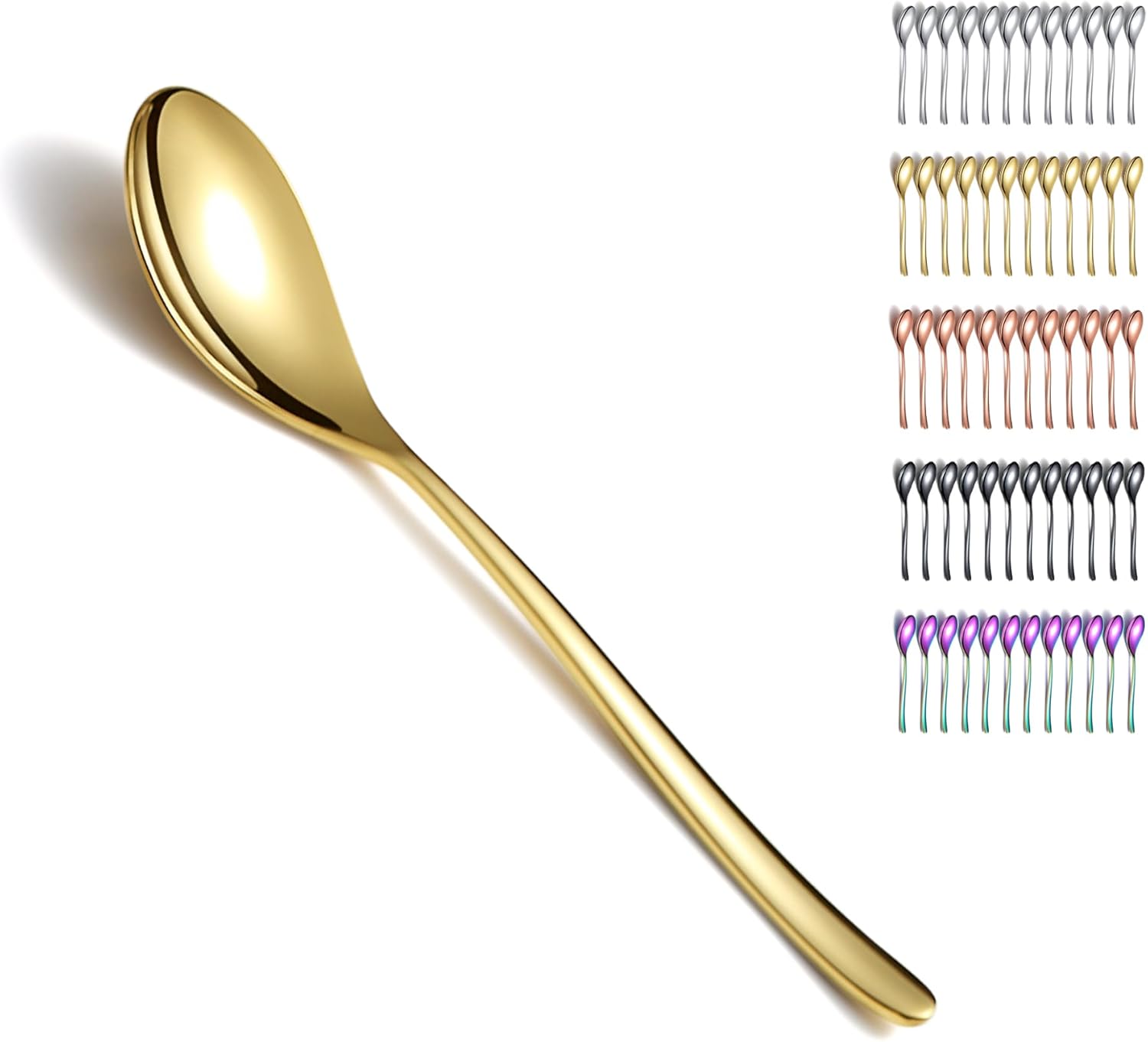 Kyraton Gold Dinner Spoons Set of 12 Pieces, 8" Titanium Golden Plating Stainless Steel Table Spoons, Soup Spoons, Spoons Silverware Set, Dishwasher Safe