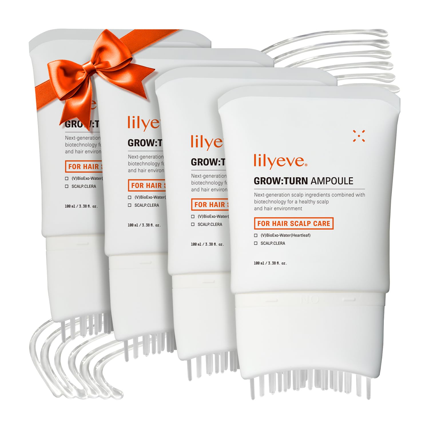 lilyeve GROWTURN Exosome Hair Growth Serum with Built-In Brush, 4-Pack | 3.38 fl oz Each, Built-In Brush Serum with Biotin, Caffeine & Peptides for Thinning Hair, Fragrance-Free, Korean Hair Care