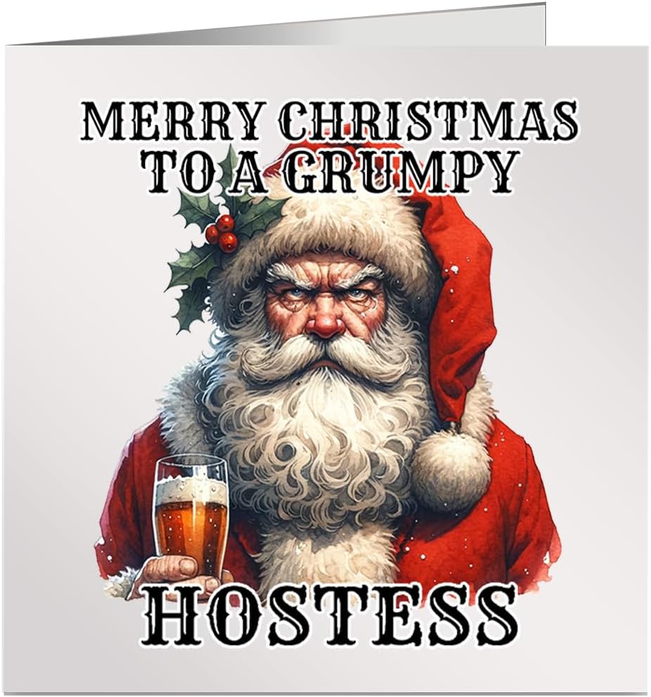 Merry Christmas To A Grumpy Hostess Xmas Card Funny Miserable Watercolour Image of Santa Drinking A Beer