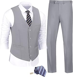 JPF Men's 2 Piece Slim Fit Suit Set, Solid Vest and Pants Suit for Men with Tie