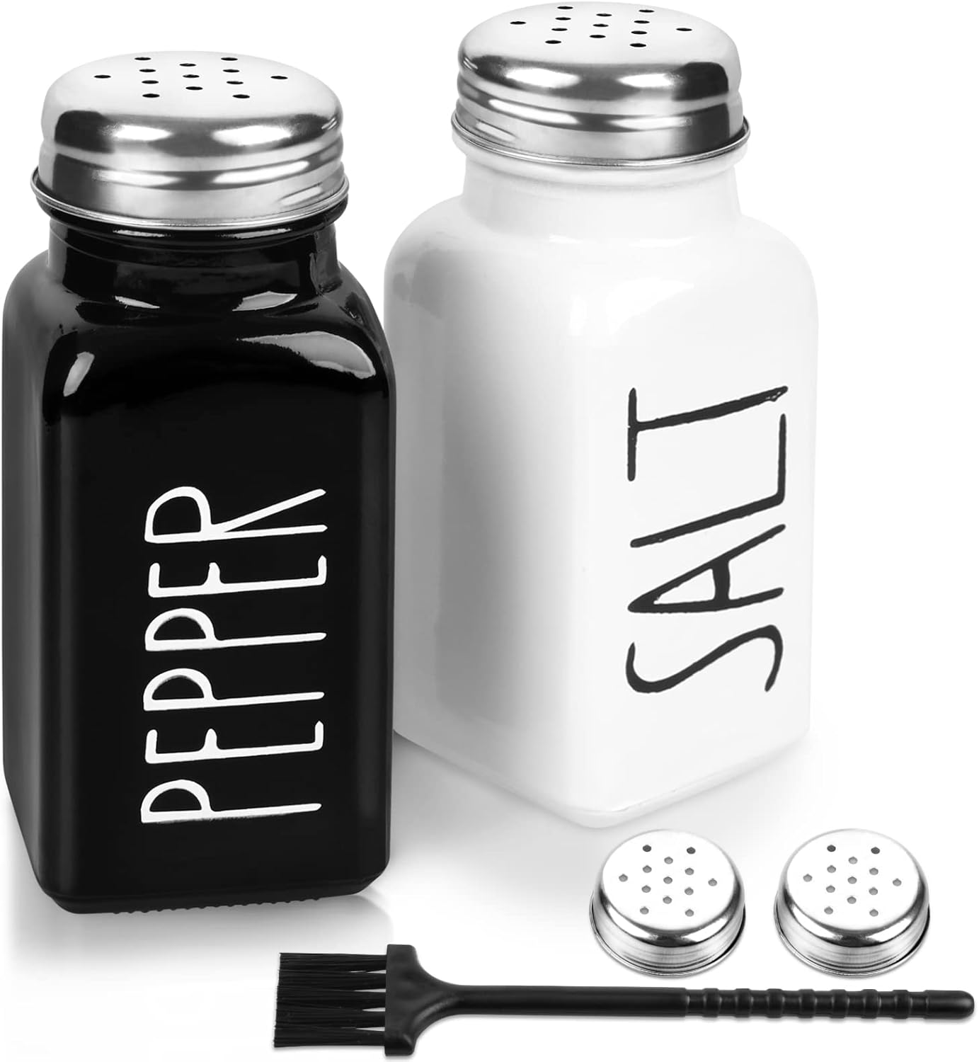 2 Pack Salt and Pepper Shakers Set, Glass Shaker with Stainless Steel Lid, Modern and Cute Farmhouse (Black and White)