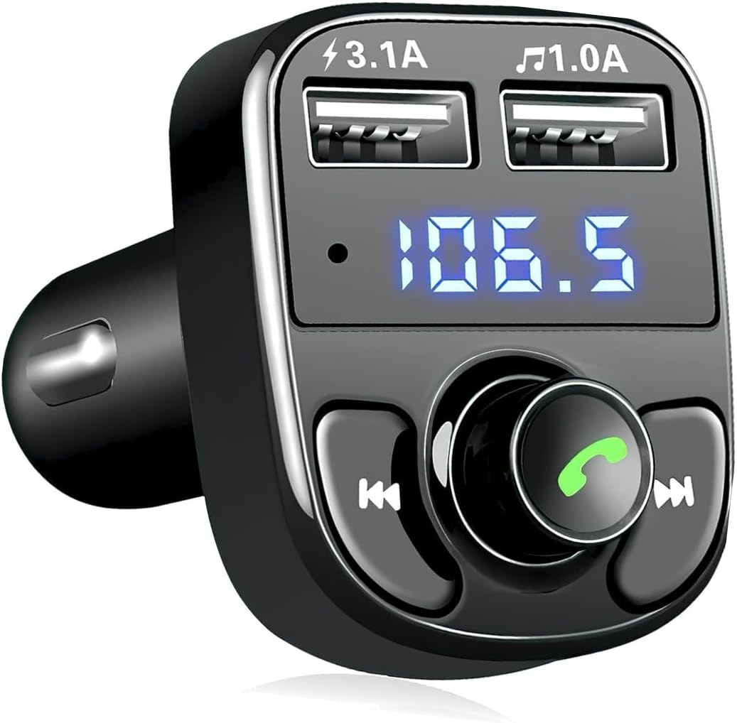 LIVERO FM Transmitter, Bluetooth Wireless Car Adapter Kit with 2 USB Ports Car Charger MP3 Player Support TF Card & Disk