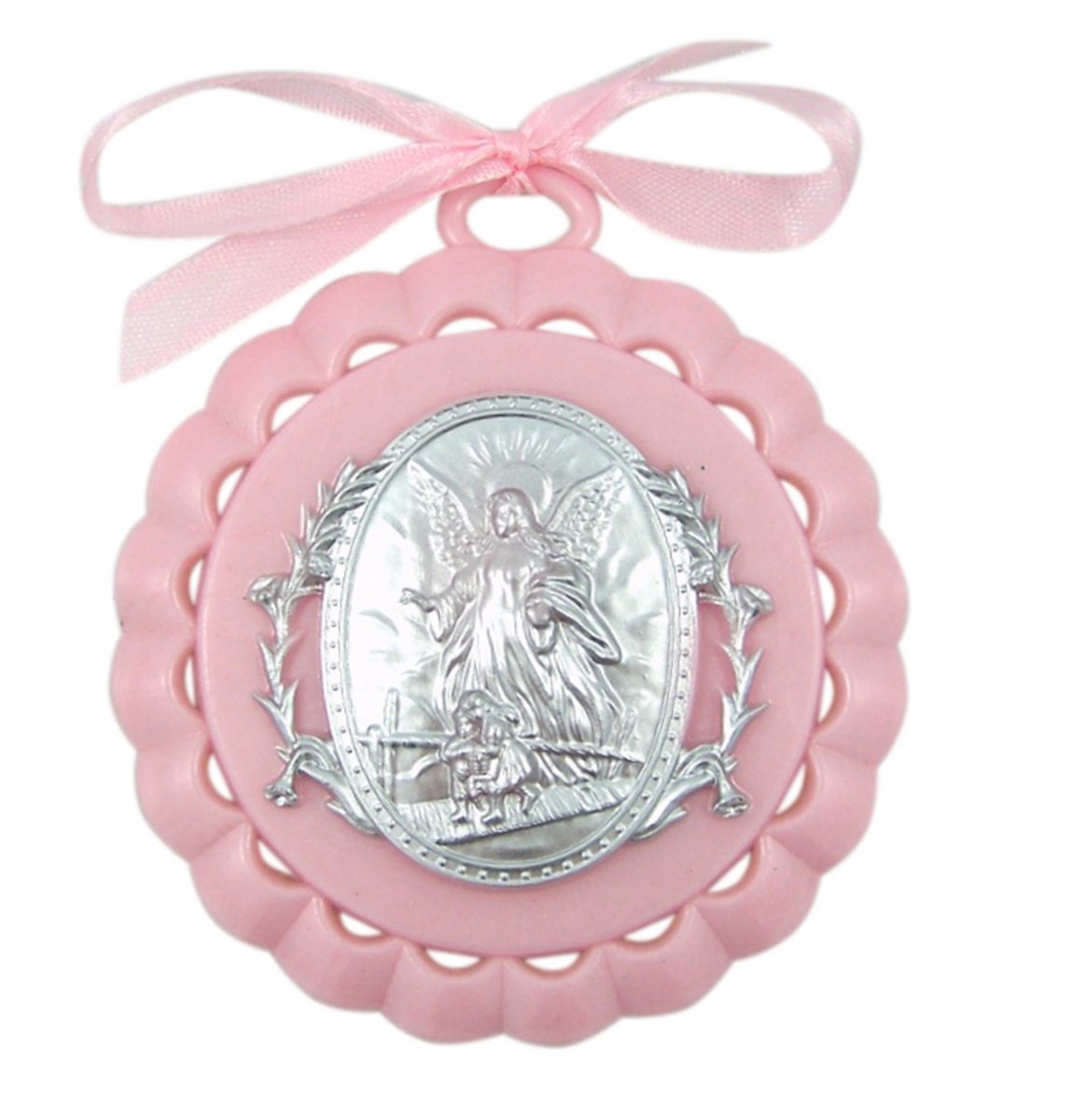Moulded Acrylic Pink Crib Medal with Guardian Angel for Baby Girl Nursery Decor, 3 1/2 Inch