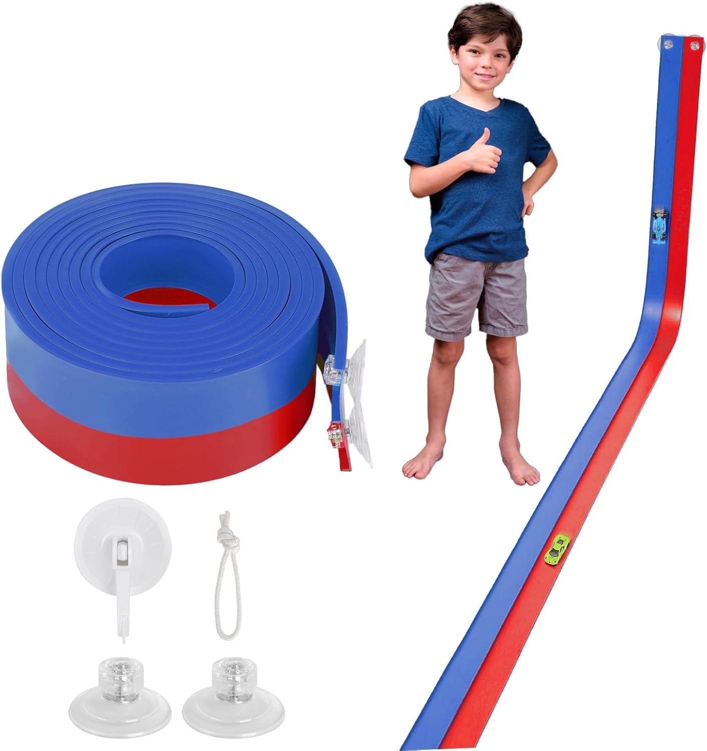 Flexible Race Car Track 15 Ft Starter Set with Suction Cups Compatible with Hot Wheels and Diecast 1/64th Car for Ages 3 & Up Classic Blue and Red Double Track Long Rolls Up Portable Racetrack