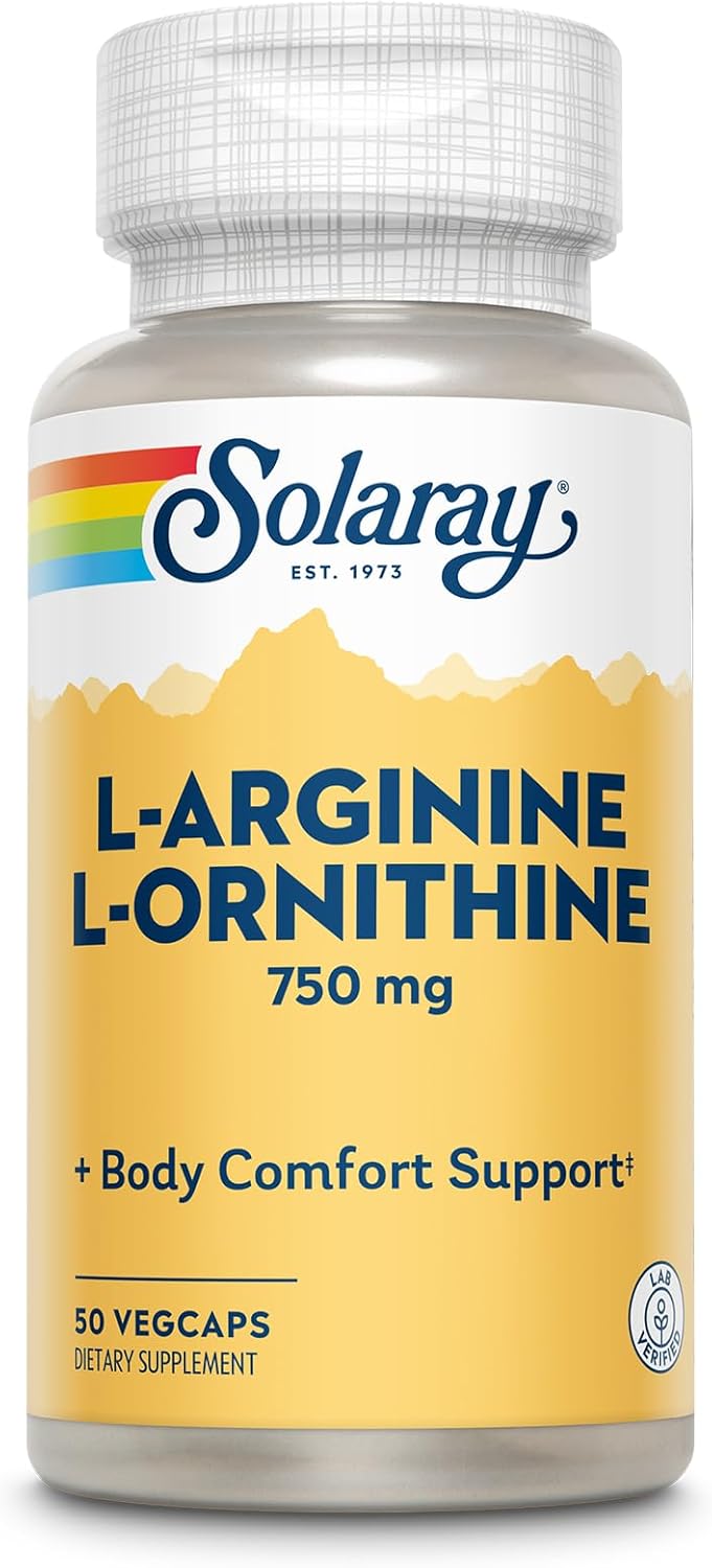 SOLARAY L Arginine L Ornithine 750mg Amino Acids Supplement, Precursors to Nitric Oxide, Non Essential Amino Acids Support Full Body Comfort and Well-being, Lab Verified, 60-Day Guarantee, 50 Servings
