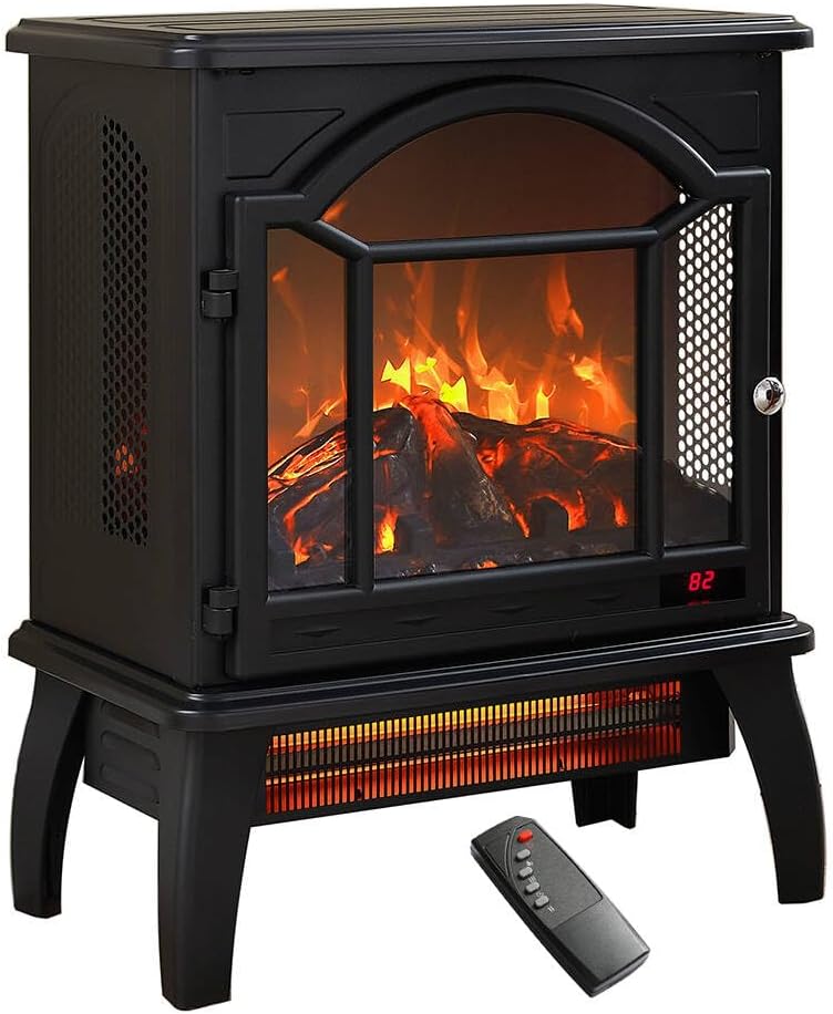 Freestanding Electric Fireplace Heater,Portable Infrared Fireplace Stove with 4 Types of 3D Realistic Flame Effects,Adjustable Temperature Compact Indoor Space Heater,Timer&Remote,22".