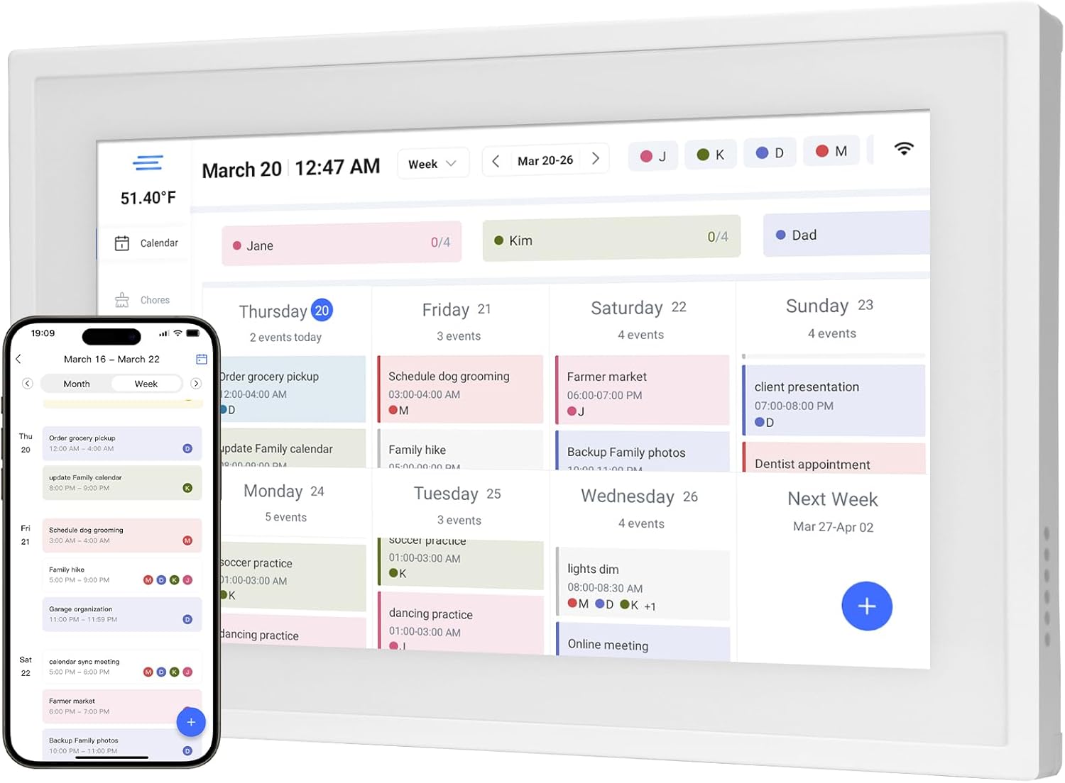HoziRes Digital Calendar, 10.1 Inch Electronic Calendar & Smart Chore Chart, 1920x1080 IPS Touchscreen Display for Family Schedule, Sync Schedules & Share Moments via App from Anywhere