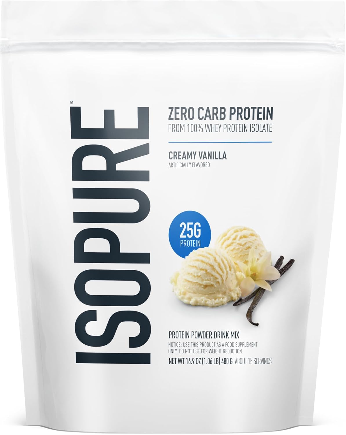 Isopure Zero Carb 100% Pure Whey Isolate Protein Powder, Lactose Free, Gluten Free, With Vitamins, Creamy Vanilla, 25g Protein Per Serving, 1 Lb, 15 Servings (Packaging May Vary)