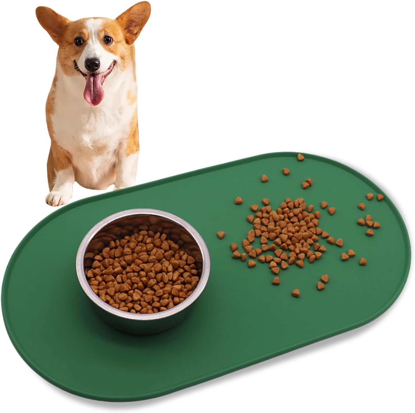 Cat & Dog Food Mat with Raised Edges –Cat mats for food bowls, BPA-Free Silicone Non-Slip Bowl Mat for Spill Containment, Waterproof Pet Feeding Mat (Green, 46 * 25cm)