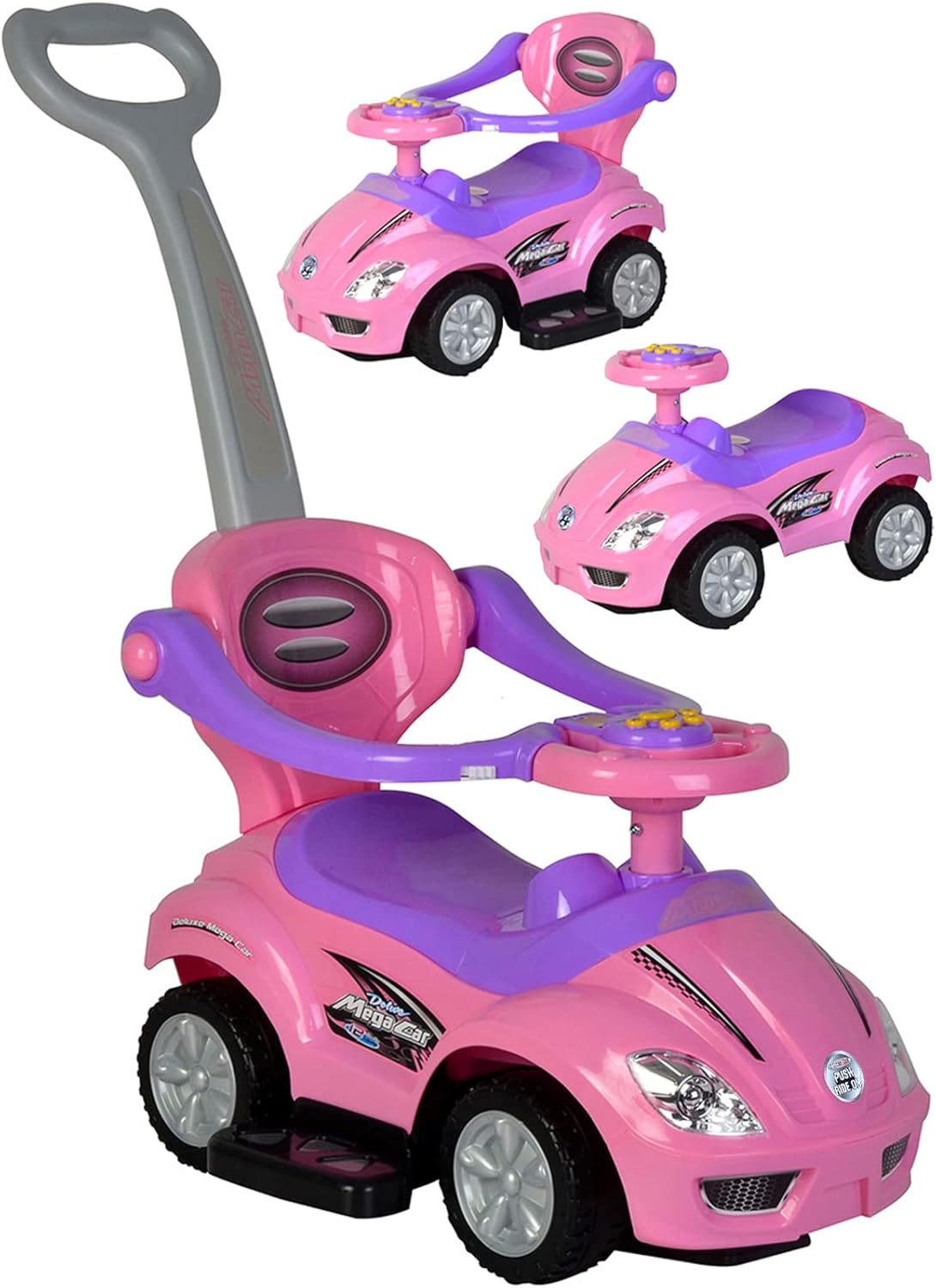 ChromeWheels Push Cars for Toddlers, 3 in 1 Ride on Push Car with Guardrail, Ride on Toys Mega Car w/Push Handle & Horn & Music & Under Seat Storage, Pink