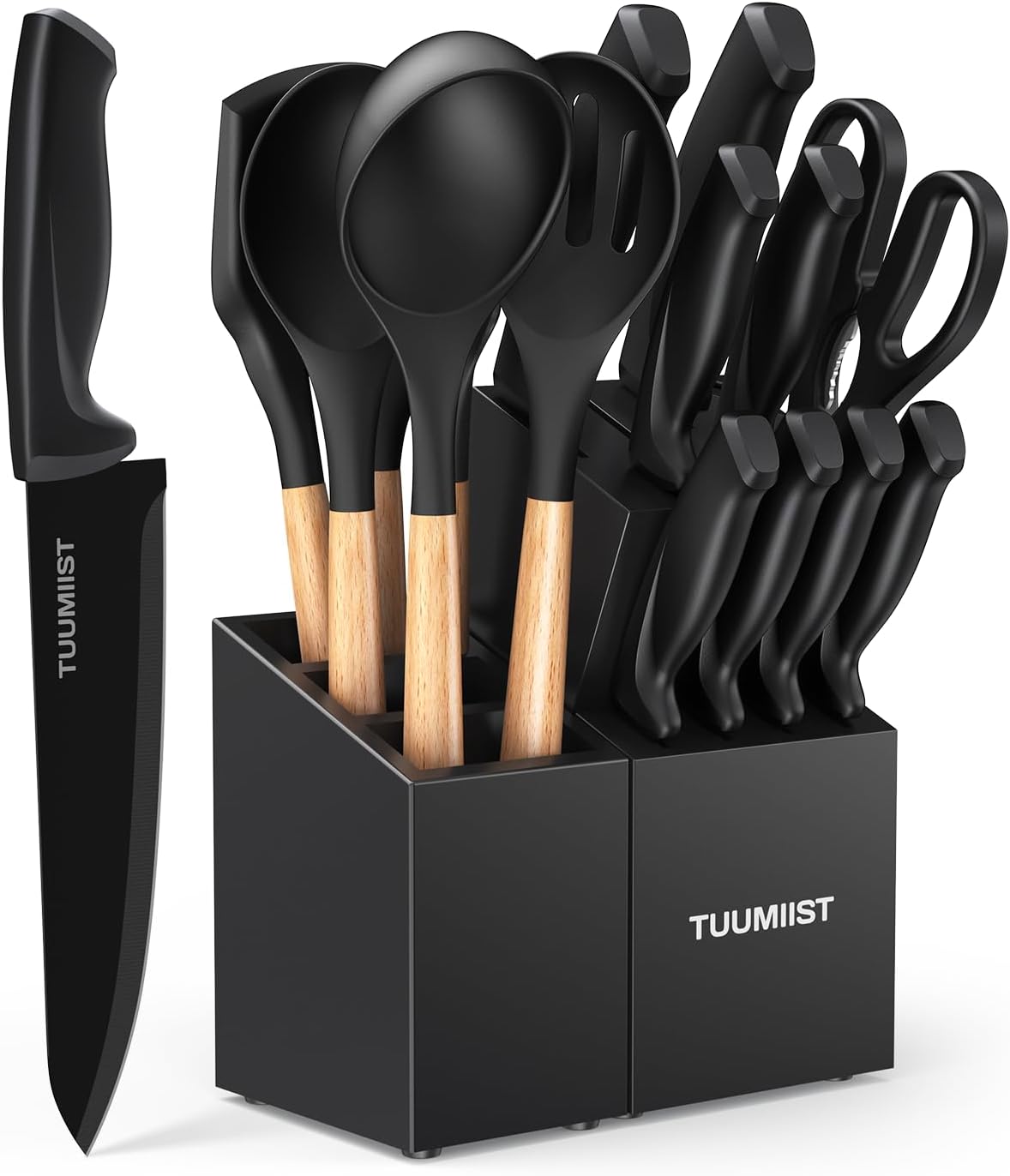18-Piece Knife Sets for Kitchen with Block and Sharpener & Kitchen Utensils Set & Removable Utensil Holder (Black)-Precision Cutting, Effortless Sharpening, Convenient Organization