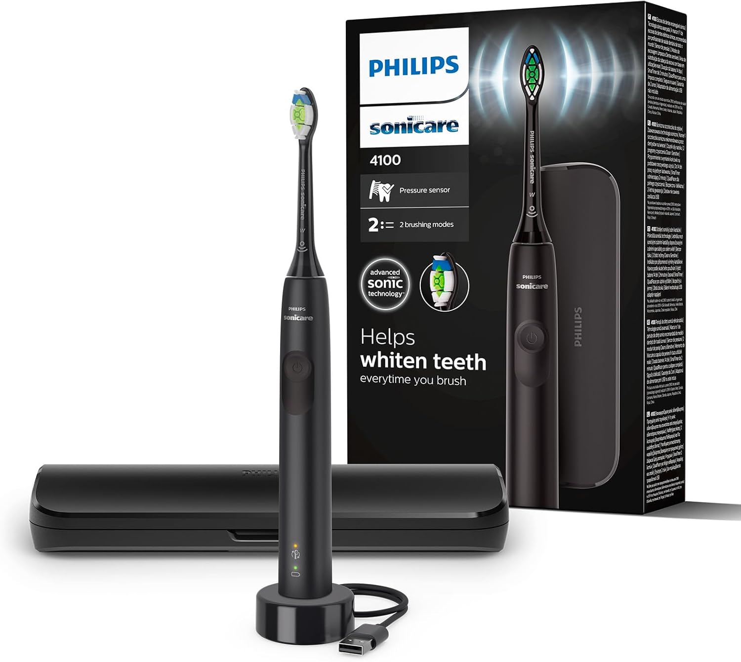 Philips Sonicare 4100 Electric Toothbrush for Adults with 1 x Philips W2 Optimal White Sonic Brush Head in Black, Slim Travel Case and USB Charger