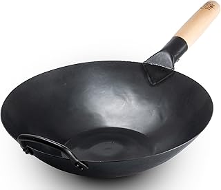 Craft Wok Black13 Flat Pre-Seasoned Hammered Carbon Steel Wok with Wooden and Steel Helper Handle (13 Inch, Flat Bottom)