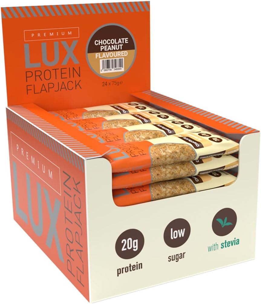 BW Premium LUX 20g High Protein Flapjack Bars 24 x 75g - Oat Based Low Sugar Snack - Bodybuilding Warehouse (Chocolate Peanut)