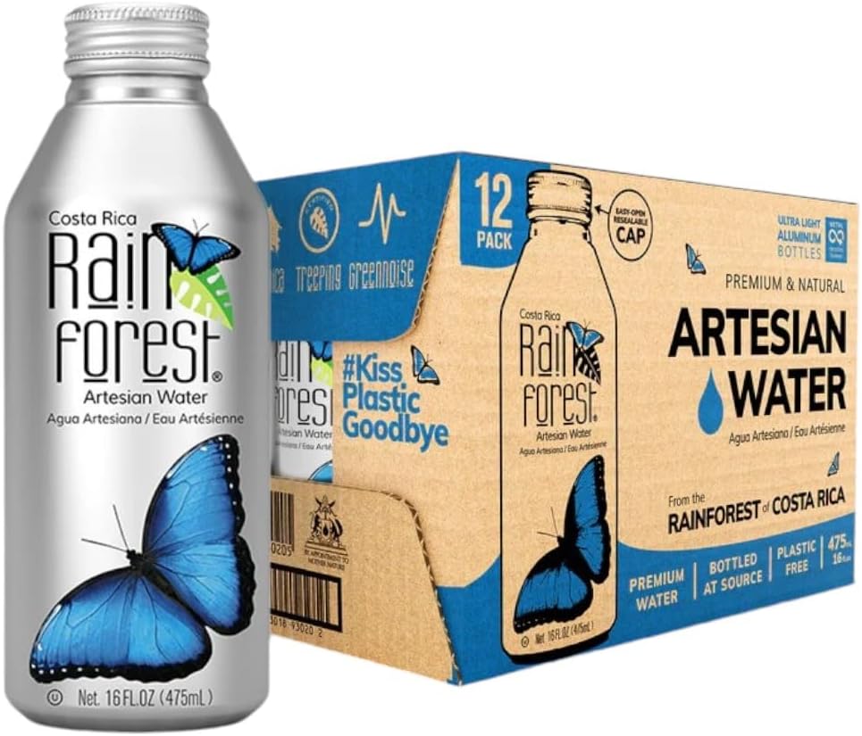 RainForest Premium & Natural Artesian Spring Water from Costa Rica, Aluminium Bottle Cans 16fl.oz/473ml. (12 Pack)