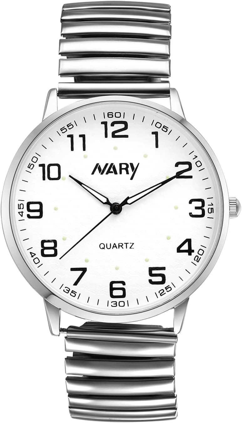 JewelryWe Men's Expanding Wrist Watch - Silver Simple Elegant Ultra-Clear & Easy to Read Stretch Band Wristwatch for Men