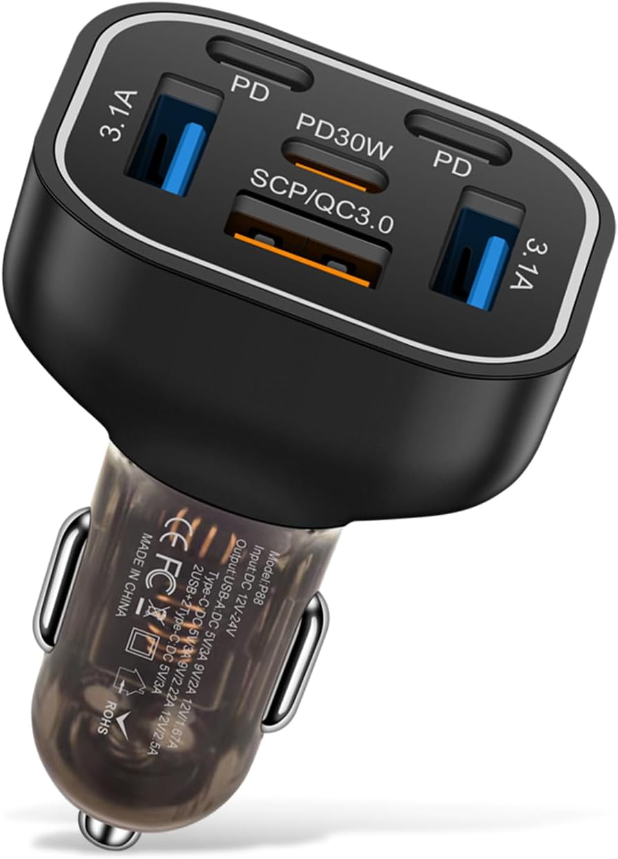 6 Ports 6 in 1 Multi port PD30W Fast Charge USB C Car Charger 12v 24v Cigarette Lighter Adapter compatible with Iphone 16 15 14 13 12 11 Samsung Huawei Xiaomi and more Android Phone Car Charger