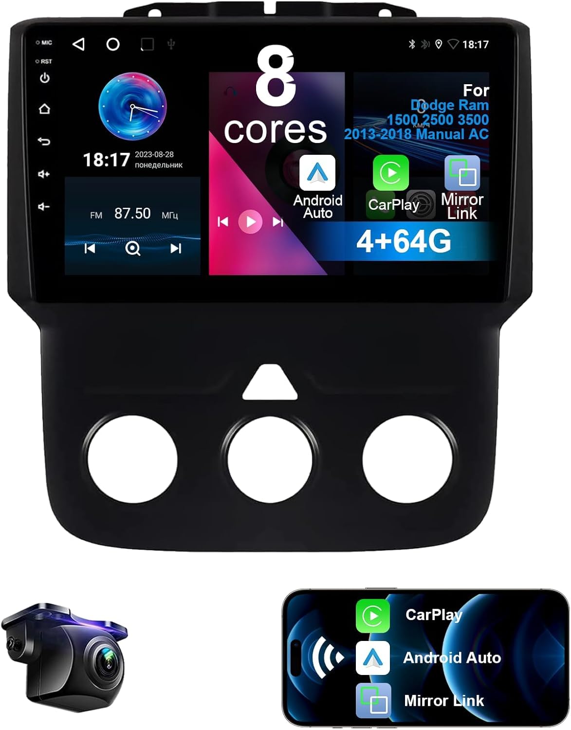 8 Core 4+64G Car Radio for Dodge Ram 1500 2500 3500 2013-2018 Manual AC with Wireless CarPlay Android Auto, 9" HD Touchscreen Ram 1500 Radio Upgrade Car Stereo with Backup Camera, AM/FM/RDS, DSP, SWC