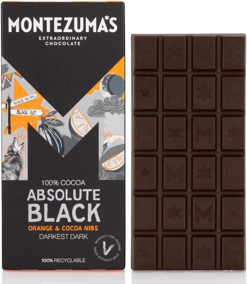 Montezuma's Absolute Black, 100% Cocoa, Dark Chocolate Orange & Cocoa Nibs, Gluten Free & Naturally Vegan, 90g Bar