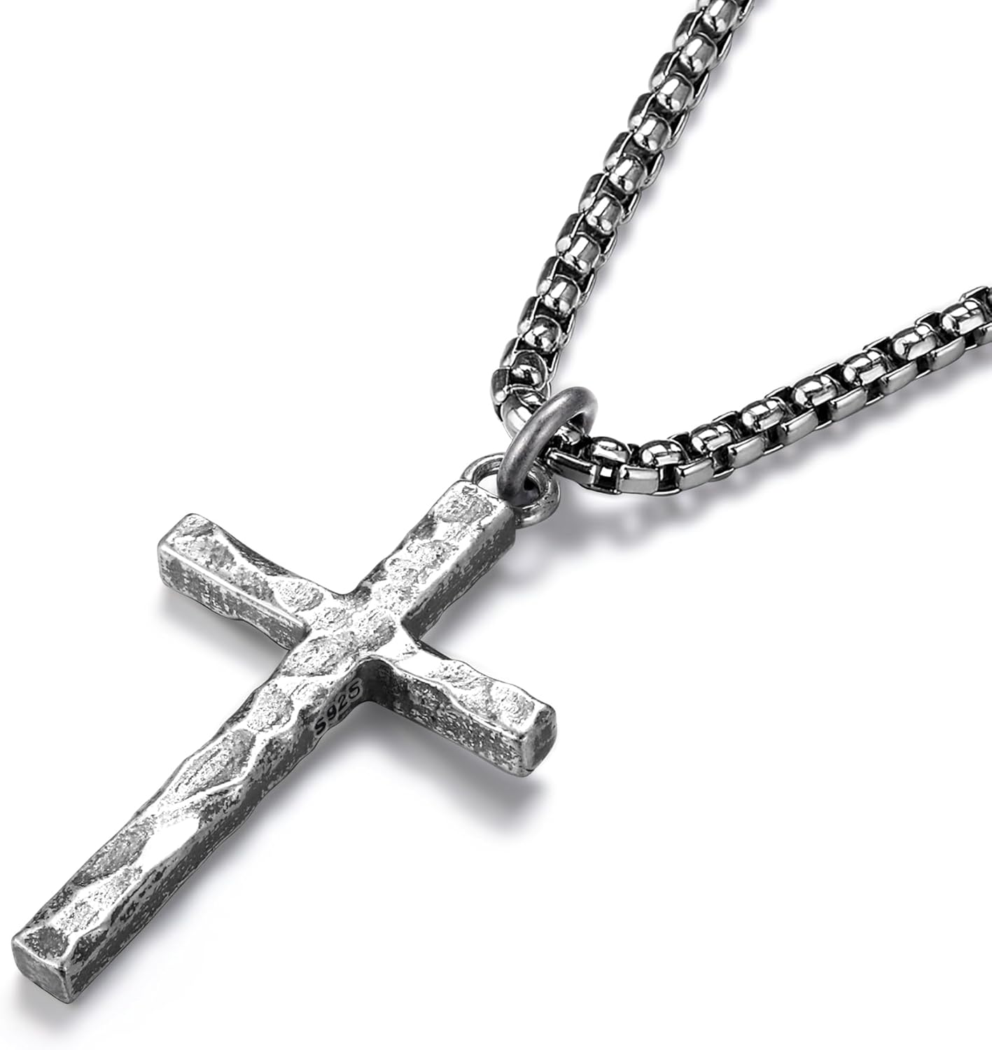 925 Sterling Silver Cross Necklace Men - Oxidized Sterling Silver Cross Pendant with Stainless Steel Box Chain Vintage Unique Crucifix Necklaces Silver Jewelry for Mens Women 18-26 Inches