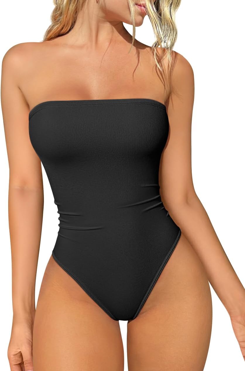 OQQ Womens Tube Bodysuits Strapless Basic Sleeveless Ruched Stretch Classic-Fit Tops Sexy Bodysuits