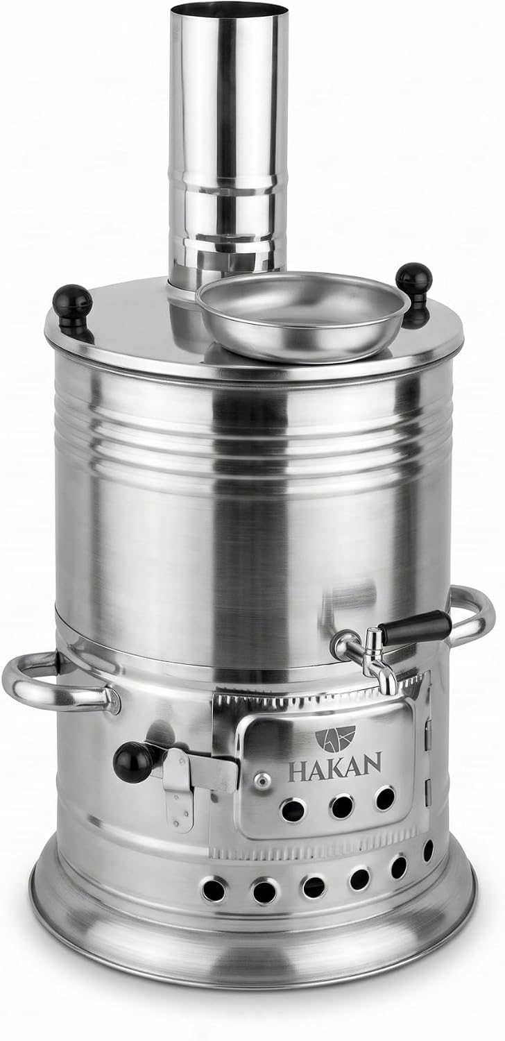 Portable Turkish Samovar Tea Kettle, Camping Water Boiler Tea Pot, Wood, Coals Fired Semaver Teapot, Water Heater for Camping, Picnic, Hunting, Outdoor Activities with Black Handles | 135.2 oz (4 lt)