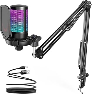 FIFINE Gaming PC USB Microphone, Podcast Condenser Mic with Boom Arm, Pop Filter, Mute Button for Streaming, Twitch, Online Chat, RGB Computer Mic for PC Gamer Youtuber-AmpliGame A6T