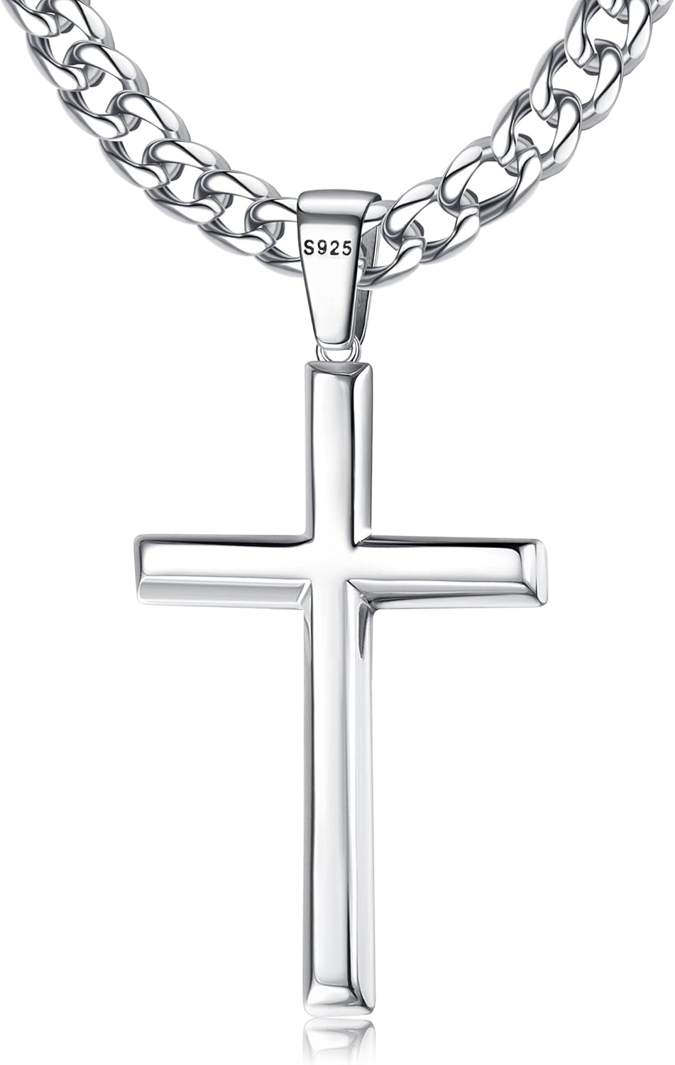 925 Sterling Silver Cross Pendant Necklace for Men Women with 5mm Stainless Steel Diamond-Cut Figaro Chain/Cuban Chain Cross Necklace 18K White Gold Plated Crucifix Necklace 18-30 Inches