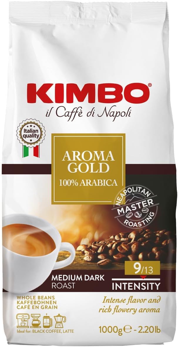 Kimbo Coffee Whole Bean, Aroma Gold, 100% Acrabica Coffee, Medium Dark Roast, Intensity 9/13, 2.2lb (35.27oz) Bag