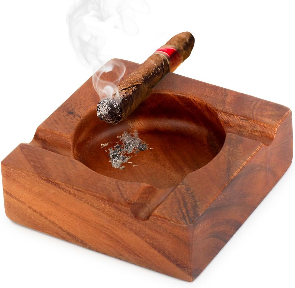 Wooden Cigar Ashtray, 5.4" Square Ash Tray with 4 Slots Cigar Holder, Outdoor & Indoor Use, Modern Table Cigar Accessories for Men, Home Decor