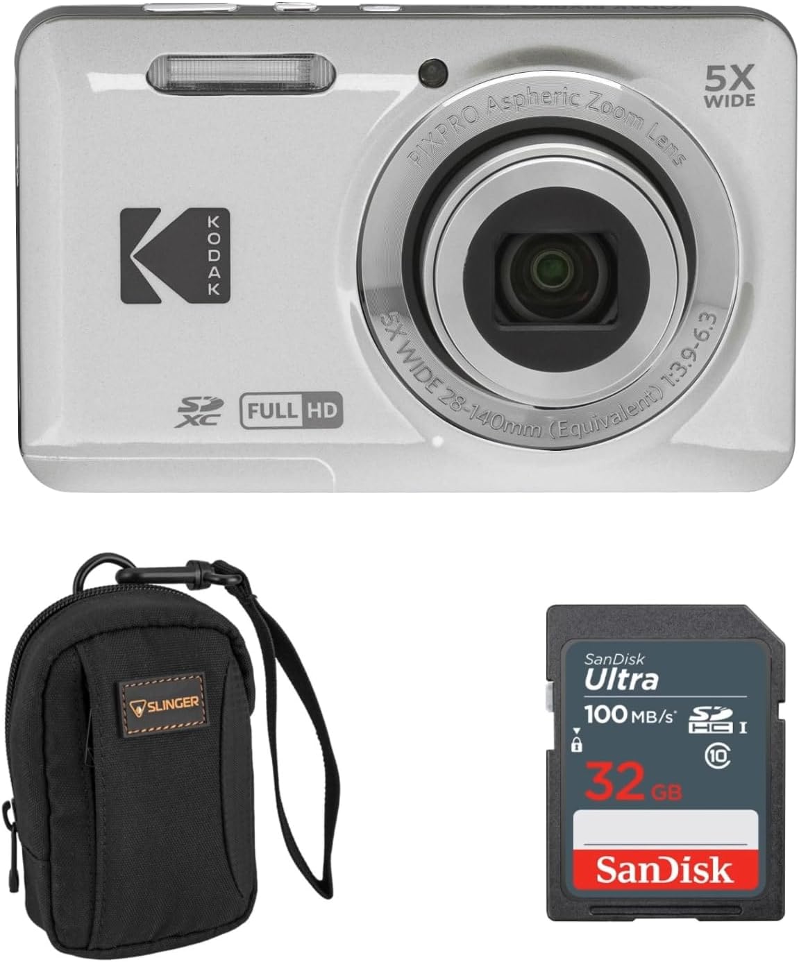 KODAK PIXPRO FZ55-BK 16MP Digital Camera 5X Optical Zoom 28mm Wide Angle 1080P Full HD Video 2.7" LCD Vlogging Camera. Bundle with SD Card and Slinger Camera Bag (Silver)