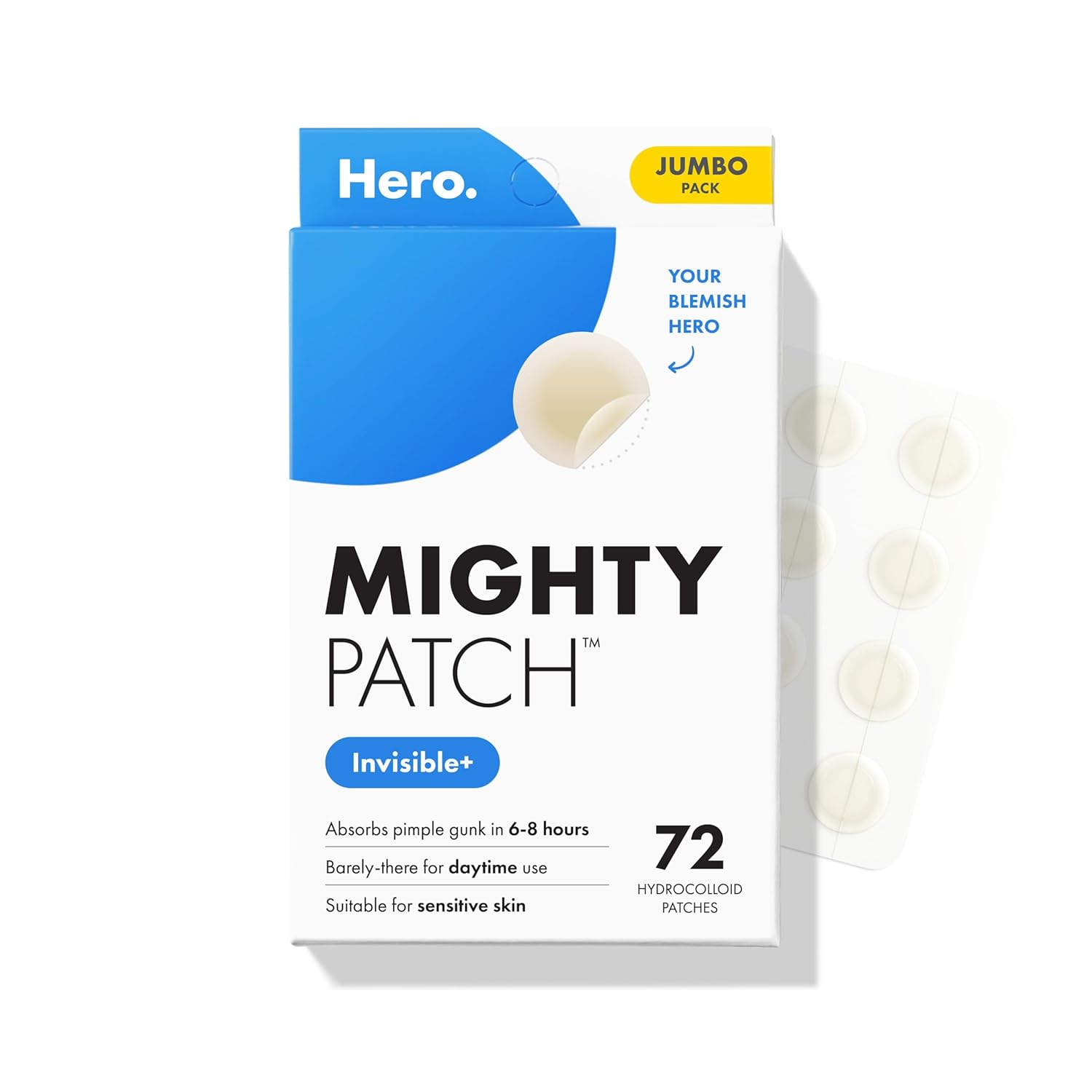 Hero Cosmetics Mighty Patch Invisible+ Daytime Acne Pimple Patch, 72 Ct | Barely-There Hydrocolloid Patch for Covering Zits and Blemishes, Tapered Edges Designed to Blend Into Skin