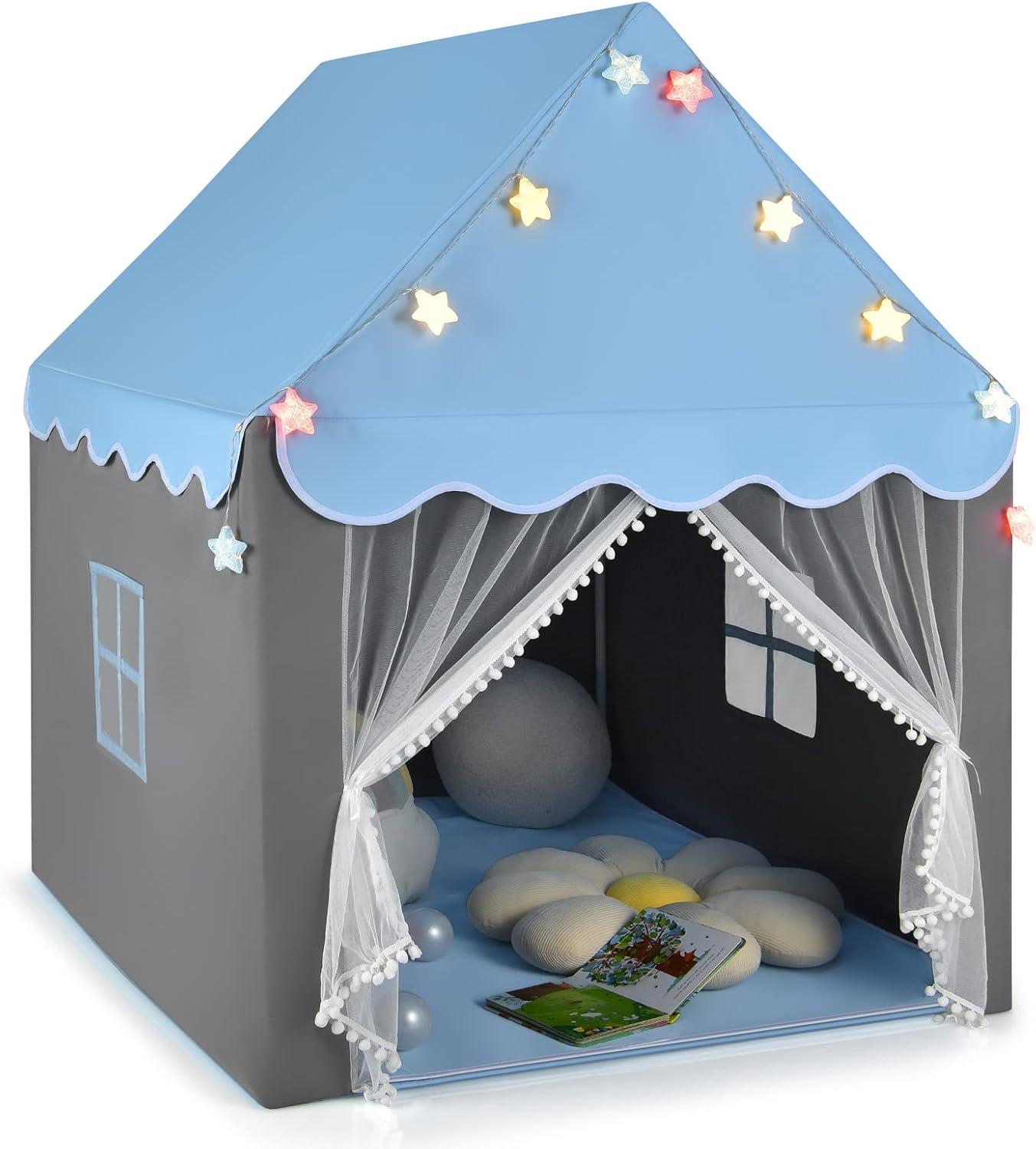 GYMAX Kids Tent, Fairy Play Castle with Washable Mat, Star Lights & Windows, Outdoor Indoor Children Playhouse Tents for Girls Boys Gift (Blue)